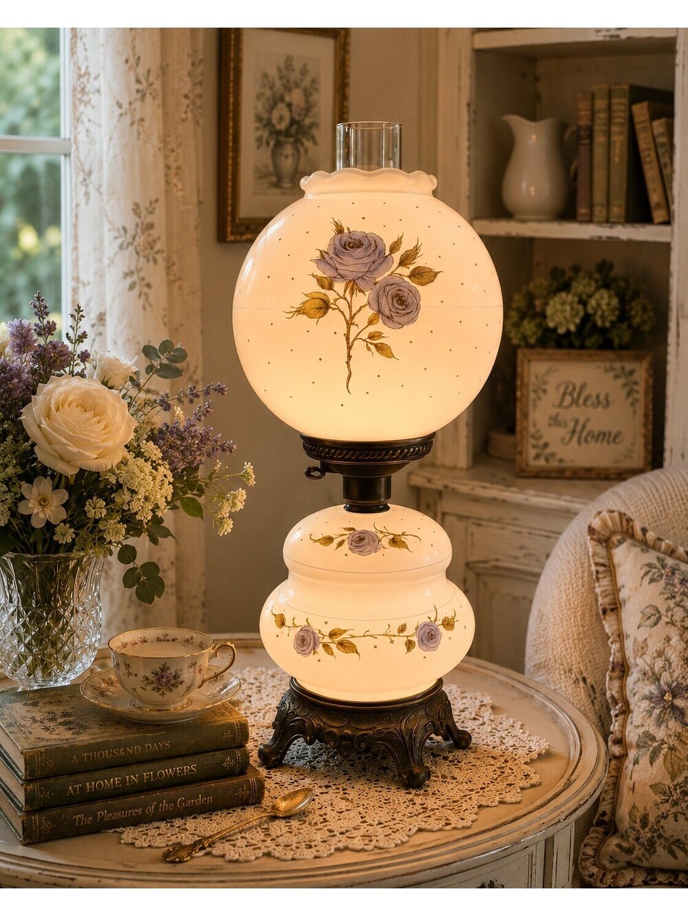 Vintage Gone With the Wind Hurricane Lamp Blue Roses 3-Way Satin Glass 21"